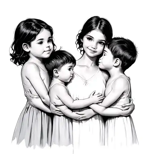 3 Children With A Woman Protecting Them