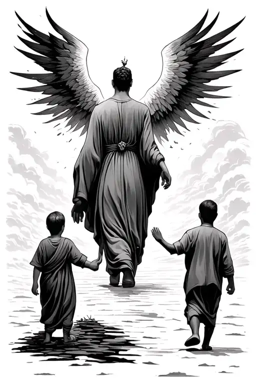 Man Walking To Heaven Gates With A Child At The Bottom Reaching Out To Hold His Hand