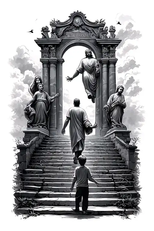 Man Walking Up Stairs To Heaven Gates With A Child At The Bottom Reaching Out To Hold His Hand