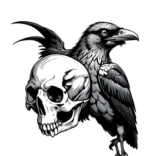 Crow With Beak Open And Blank Eyes Holding A Crow Skull In Talon