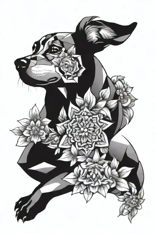 Geometric Dog Surrounded By Flowers And Mandala