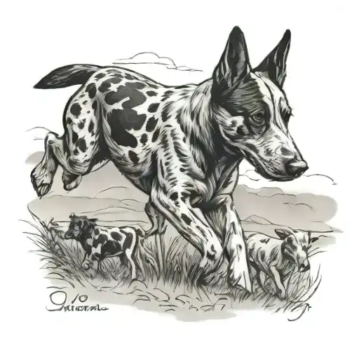 A Black-grey Tattoo Of A Blue Heeler Dog Herding Cattle On A Farm