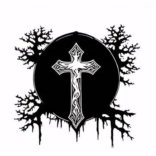 Christian Golthic Cross With A Tree Silhouette In The Background