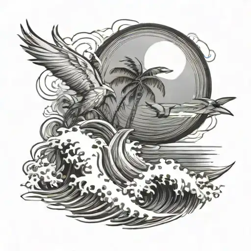 Ocean Wave And Flying Cardinal And Palm Tree