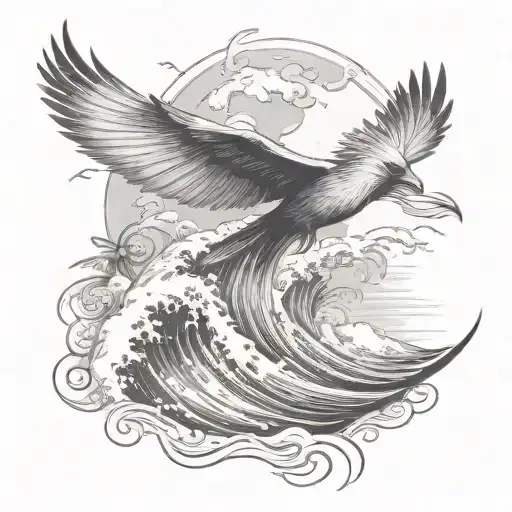 Ocean Wave And Flying Cardinal And Palm Tree