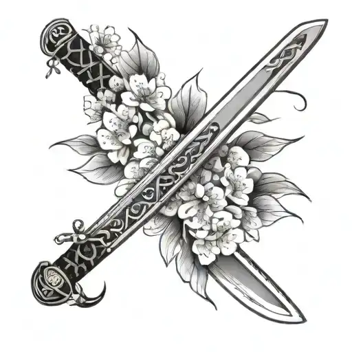 Cherry Blossom Leaves Falling With Katana Sword