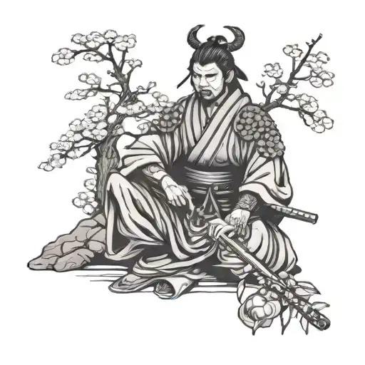 Samurai Sitting Down Next To Cherry Blossom