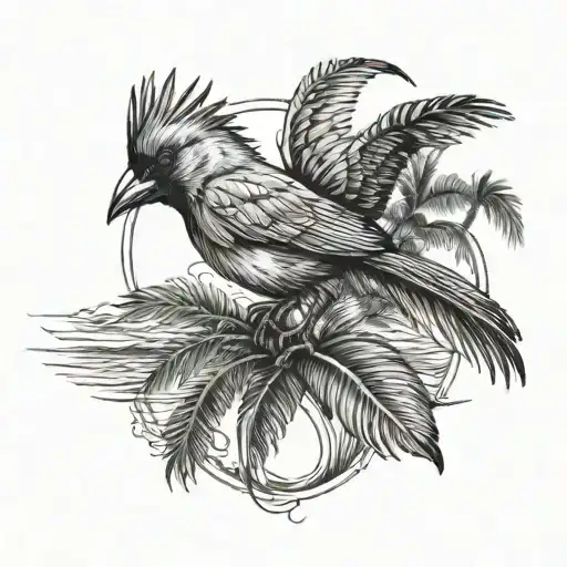 Flying Cardinal And Palm Tree And Ocean Wave