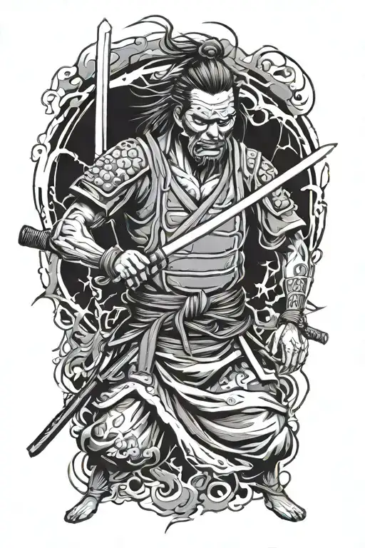 Samurai Zombie With Katana Black And White Tattoo Sketch Simple