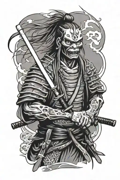 Samurai Zombie With Katana Black And White Tattoo Sketch Simple