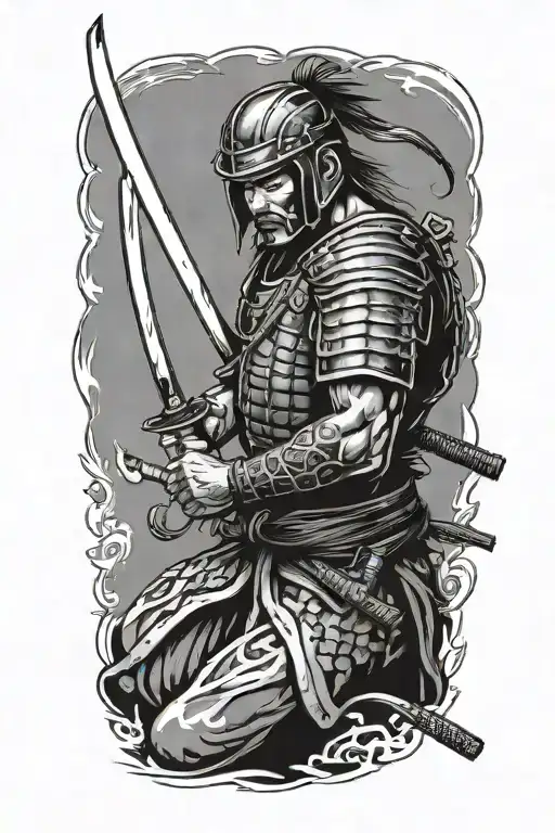 Japanese Warrior With Katana Black And White Tattoo Sketch Simple