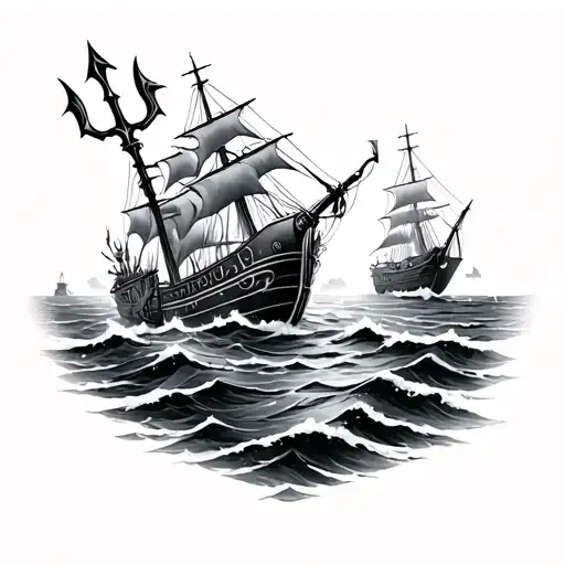 Nautical Themed Sleeve Tattoo With Posiden And A Trident In The Ocean With Shipwreck