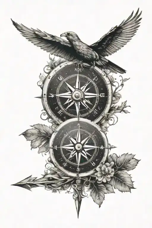 Compass With Arrow Through Middle With Nature And Plane Flying Over With Cordinates