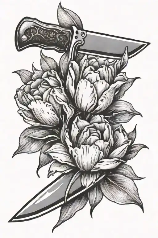 Knife With Tulips Black White Tattoo Sketch