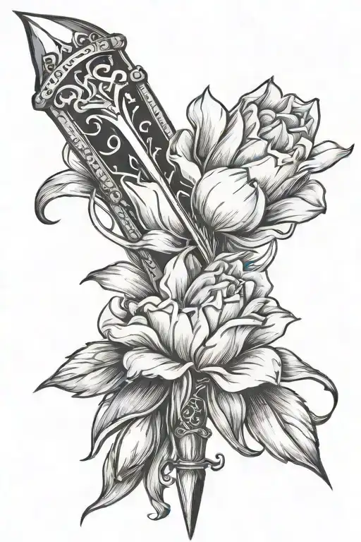 Dagger With Tulips Black White Tattoo Sketch