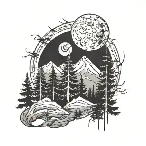 Mountains Pine Trees Inside Moon Surrounded