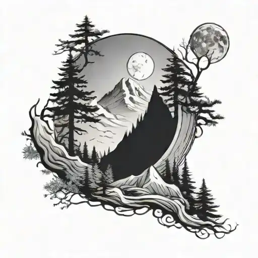 Mountains Pine Trees Inside Crescent Moon Surrounded