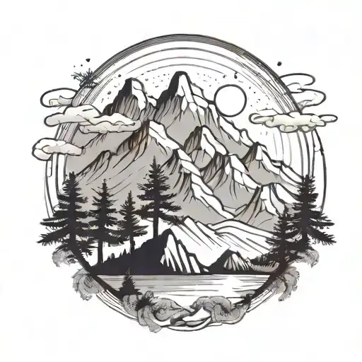 Minimalist Mountains Pine Trees Inside Crescent Moon Surrounded