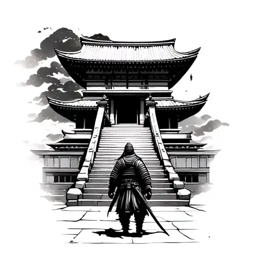 Samurai Walking Up Steps Towards A Japanese Temple