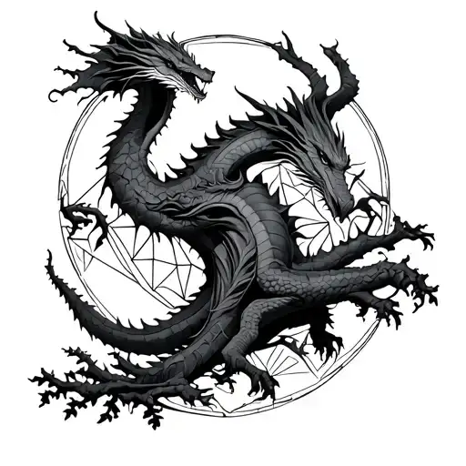 Spiritual Dragon Emerging From Growing Tree With Sacred Geometry