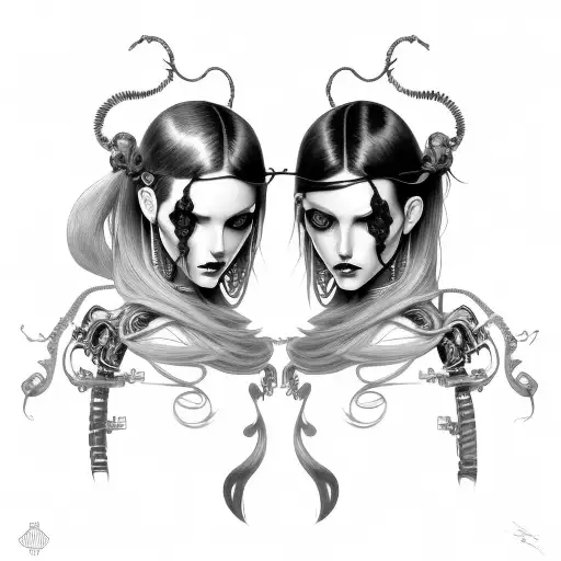 Goth Cyborg Gemini Sisters Hair Tangled Together Wide Composition