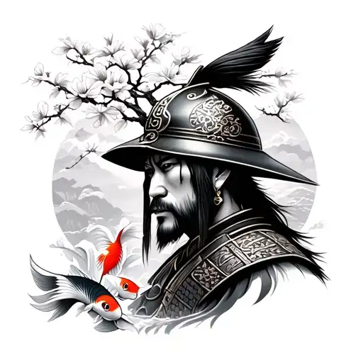 Japanese Samurai Head With Helmet With Cherry Blossom Tree And Koi Fish