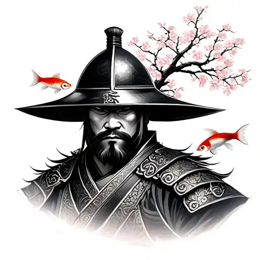 Japanese Samurai With Helmet With Cherry Blossom Tree And Koi Fish