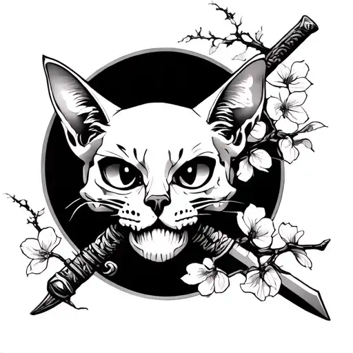 Oriental Cat Skull With Samurai Sword Thru Skull And Cherry Blossoms On Sword Handle