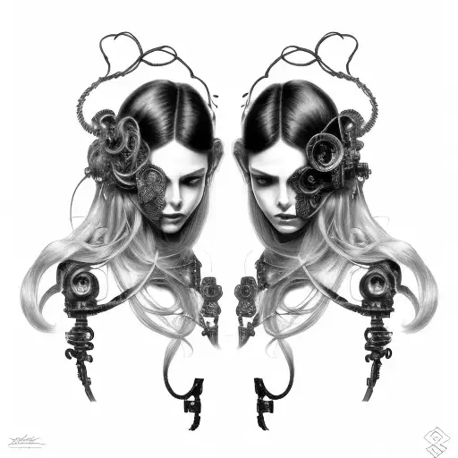 Cyborg Gemini Sisters Hair Tangled Together Conjoined Calm Faces Slight Smile Wide Composition