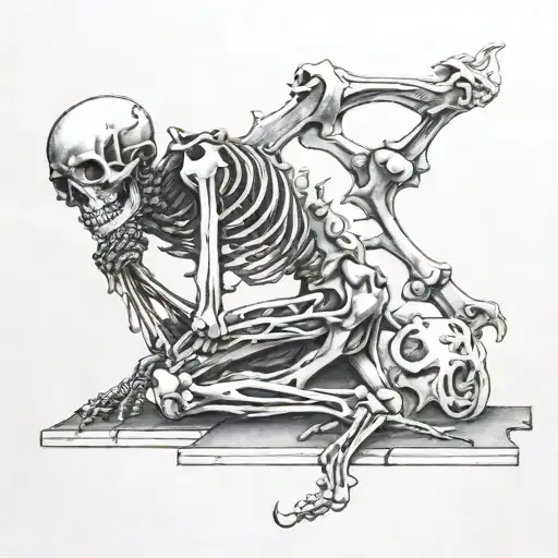 Skeleton Kneeling By Grave Smoking