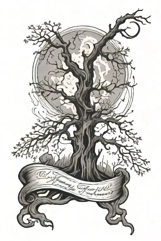 Dead Tree With Moon And Stars Old Scroll With Writing Poetry