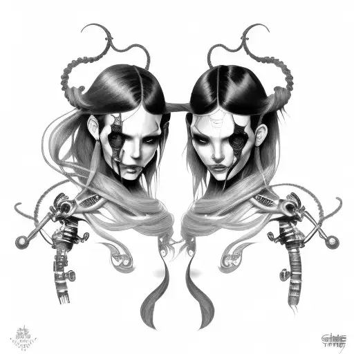 Cyborg Gemini Sisters Hair Tangled Together Conjoined Mischievous Smile Wide Composition