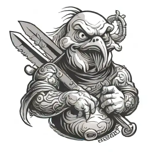 Funny Chick With Evil Look Holding A Butcher's Knife In His Hand