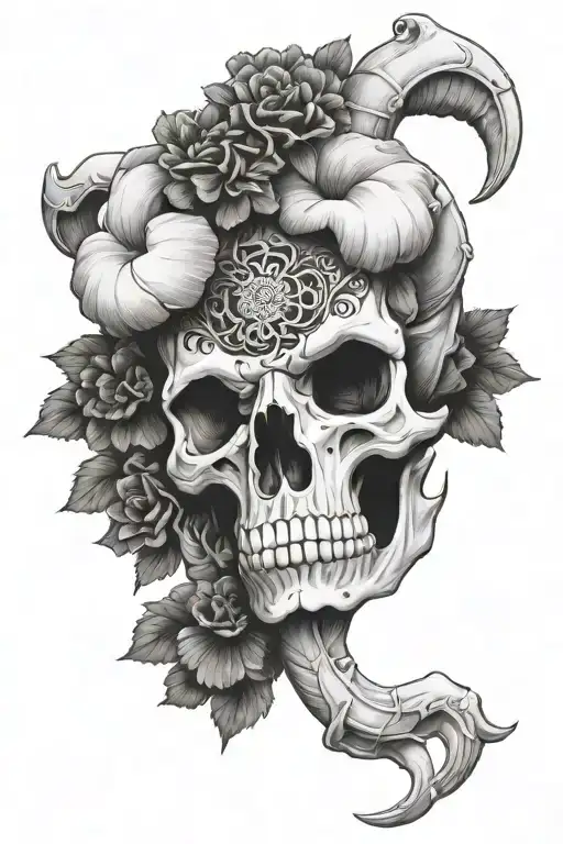 Aires Ram Skull With Marigold Flowers And The Libra Scale Incorporated