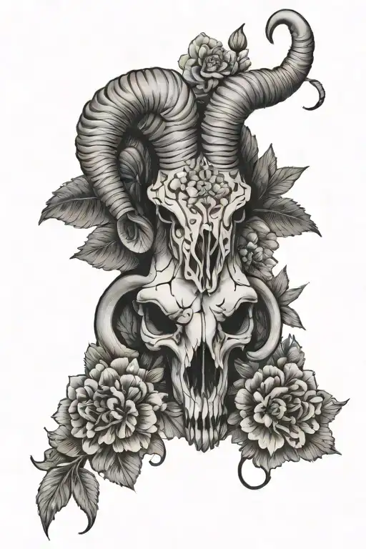 Ram Skull With Marigold Flowers