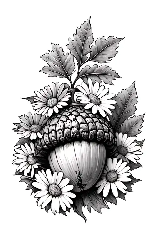 Acorn And An Oak Tree Surrounded By Daisies