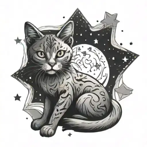 Cat Moon Surrounded By Stars