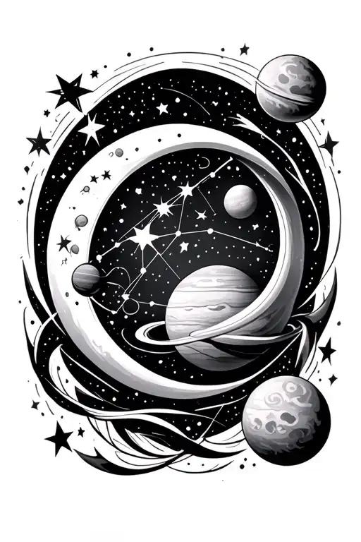 Constellation Design With Stars And The Moon And 1 Planet And Swirls