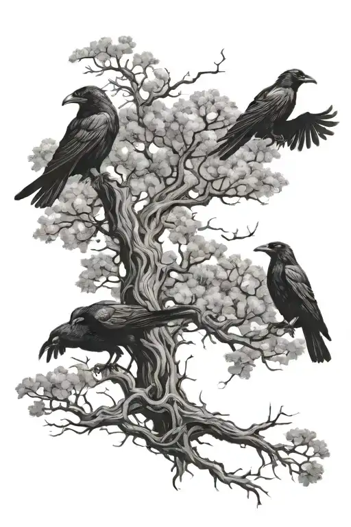 Oak Tree And Ravens Flying