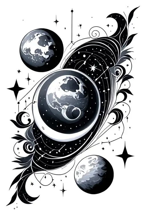 Constellation Design That's Mostly Fine Line With Stars And The Moon And 1 Planet And Swirls