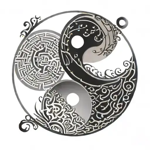 An Intricate Yin-yang Symbol Incorporating Elements Of Programming Code And Japanese Calligraphy