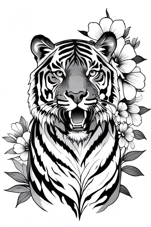 Thin Line Tiger With Flowers