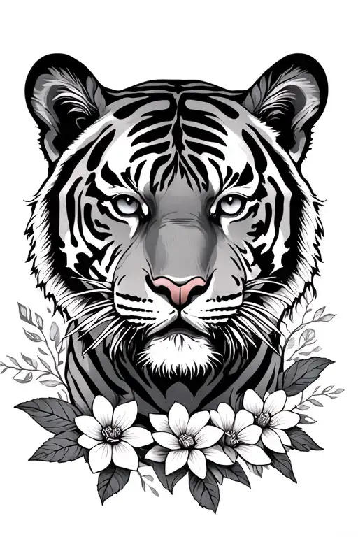 Thin Line Tiger Full Body With Flowers