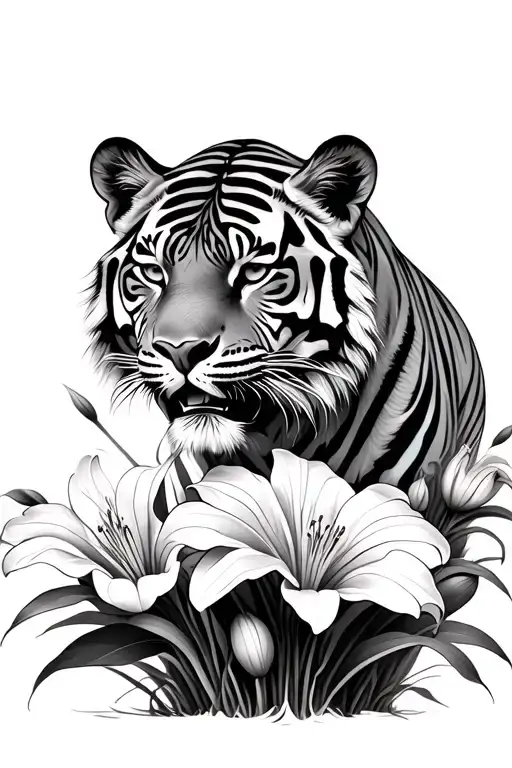 Tiger Surrounded By Tiger Lilys Sprouting