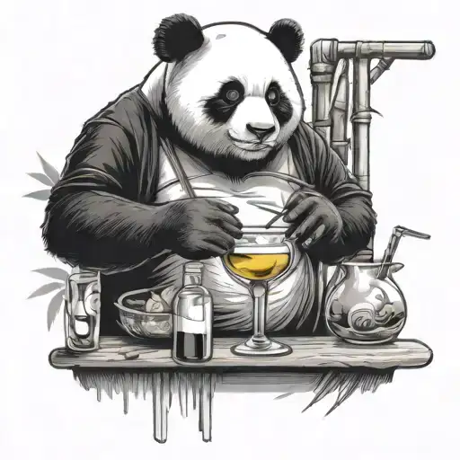 A Black And White Panda Bartender Mixing A Cocktail On A Bamboo Bar Counter