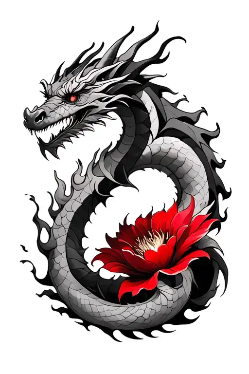 Dragon With Flames Around And A Red Flower