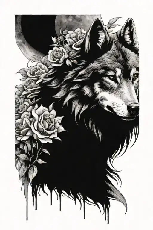 Flowers And Wolf And Warrior And Moon