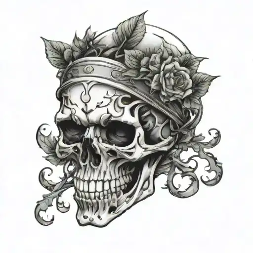 Skull With A Metal Plate On Head And Vines Coming Out Of Eyes