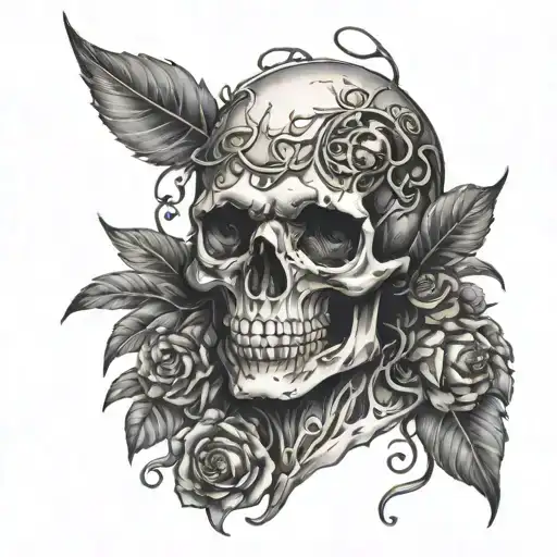 Skull With A Metal Plate On Back Of Head And Vines Coming Out Of Eyes