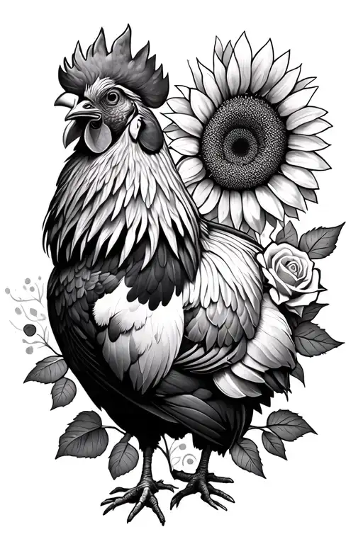 Rooster And Sunflowers And Roses